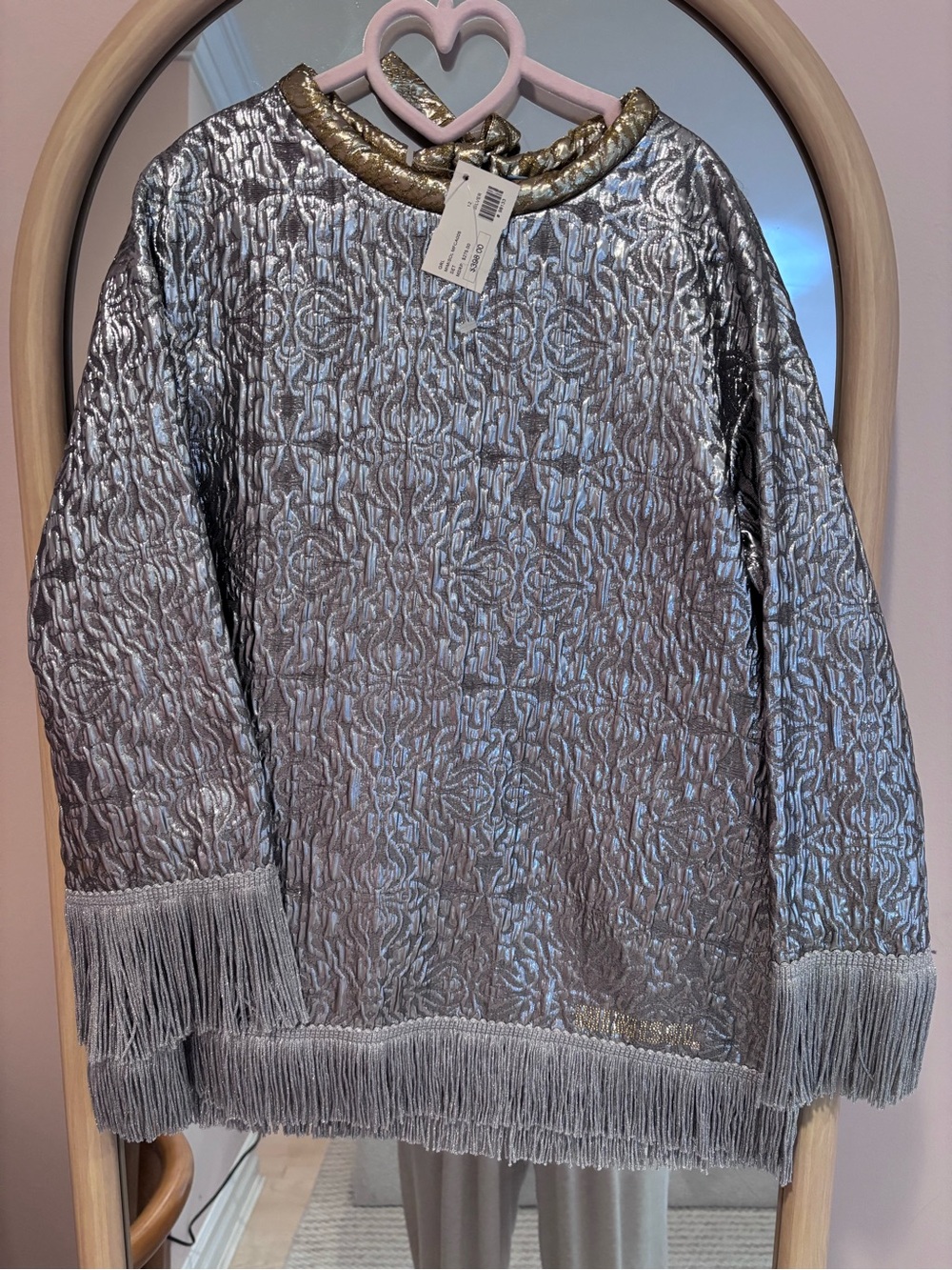 Made in Italy MimisolMetallic Silver Jacquard Fringe mini dress with Gold Neck